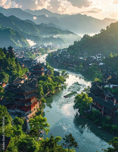 A picturesque aerial view showcases a traditional Chinese village nestled along a winding river, surrounded by lush green mountains bathed in the warm glow of the setting sun.