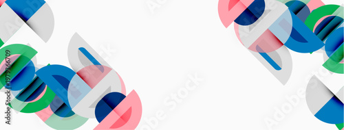 Abstract geometric shapes overlap, creating colorful patterns. Minimalist design with blue, green, pink hues on white background.