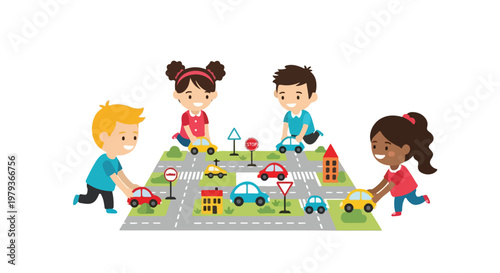 Four diverse children are playing together with toy cars on a colorful play rug featuring a city map with roads, buildings, and traffic signs.