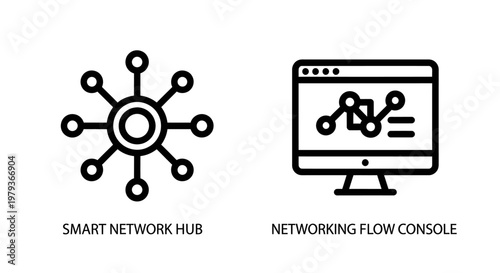 Smart network hub and networking data flow monitoring console icon set