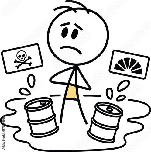 Sad stick figure standing in a toxic waste spill with hazard and radiation warning signs