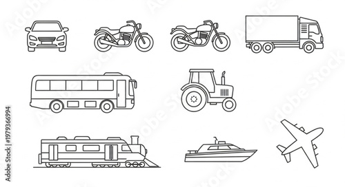 Collection of Hand Drawn Transportation Vehicles and Modes of Travel.
