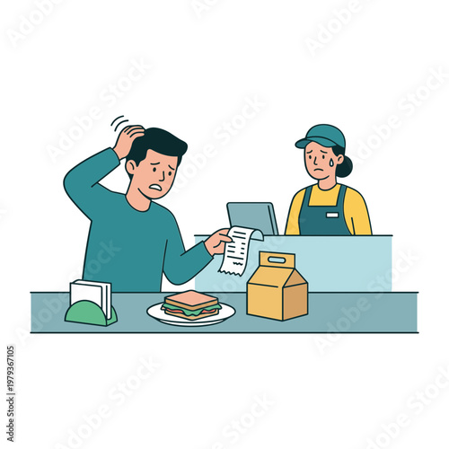 Man shocked by restaurant bill at counter with food and cashier