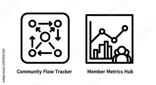 Community workflow and member performance analytics icons with community
