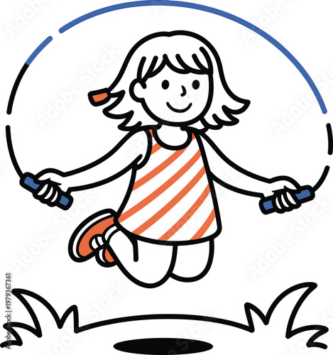 Happy young girl jumping rope in the park, vector illustration