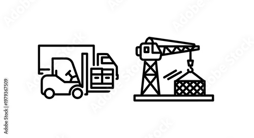 Industrial logistics and construction crane vector icons with forklift, shipping