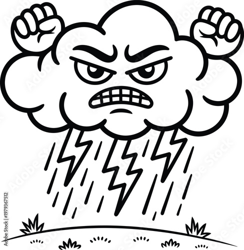 Angry storm cloud character with lightning bolts and rain, cartoon illustration