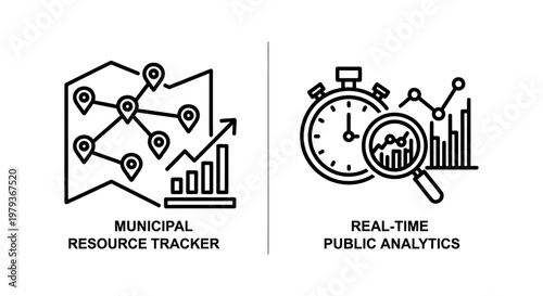 Municipal resource tracker and real-time public analytics icons with municipal