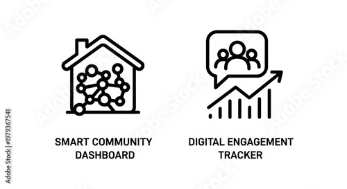Smart community dashboard and digital engagement tracker line icons