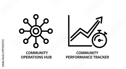 Community operations hub and performance tracker line icons with community