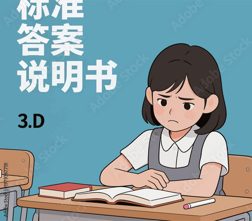 Girl Student Looking Serious at Desk with Book