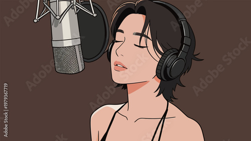 Woman Recording Voice in Studio with Headphones