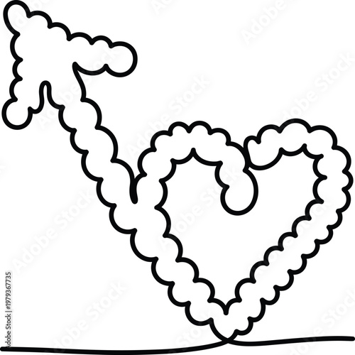 Continuous line drawing of a heart shape combined with a male gender symbol, romantic concept, love and masculinity icon