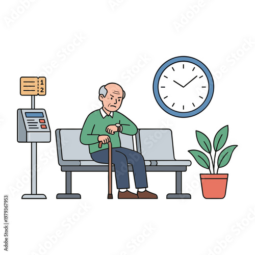 An elderly man sits on a bench waiting with a clock and machine nearby.