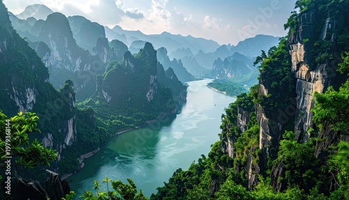 A breathtaking panoramic view showcases a winding river cutting through towering karst mountains covered in lush greenery, bathed in soft sunlight.