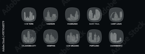 USA, American cities icons with glass, liquid effect. Set of cityscapes for interface design. Vector Madison, Memphis, Milwaukee, New Orleans, Oklahoma City, Portland skylines