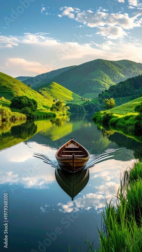 A serene wooden rowboat rests peacefully on a tranquil lake, reflecting the lush green hills and a vibrant blue sky dotted with fluffy clouds, creating a picturesque landscape.