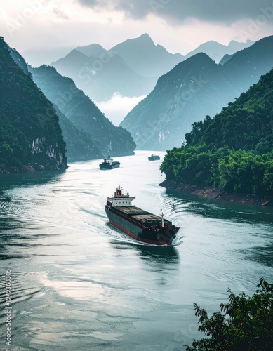 A large cargo ship navigates a narrow, winding river surrounded by steep, lush green mountains under a cloudy sky.