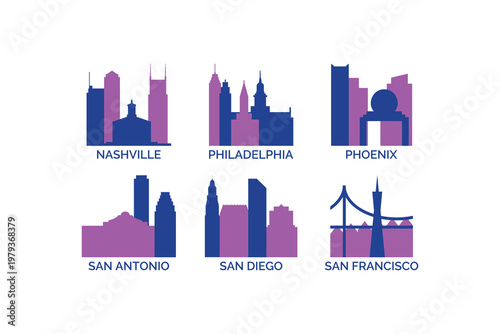 Nashville, Philadelphia, Phoenix, San Antonio, San Diego, San Francisco logo with skyline, cityscape vector icons, clip arts. USA, American cities logo collection