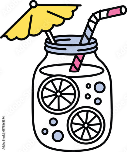 Refreshing summer lemonade in a glass mason jar with citrus slices, a straw, and a yellow cocktail umbrella