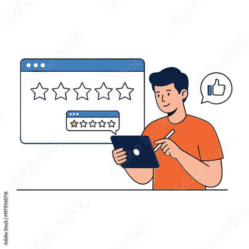 Man reviews ratings on tablet with thumbs up in speech bubble