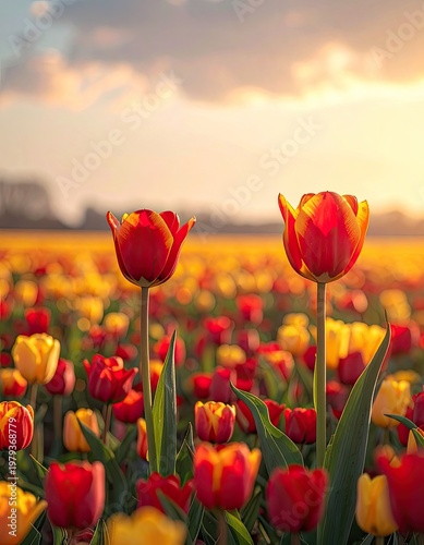 A vibrant field of tulips in full bloom basks in the warm glow of a setting sun, creating a picturesque and serene landscape.