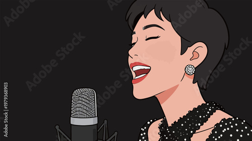 Woman Singing with Microphone in Black Background