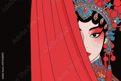 Chinese Opera Diva in Traditional Headdress with Red Curtain
