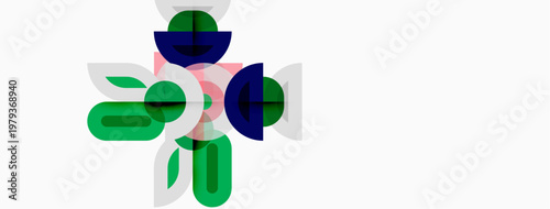 Abstract geometric shapes overlap, creating colorful design. Green, blue, pink hues dominate white background. Modern, minimalist aesthetic.