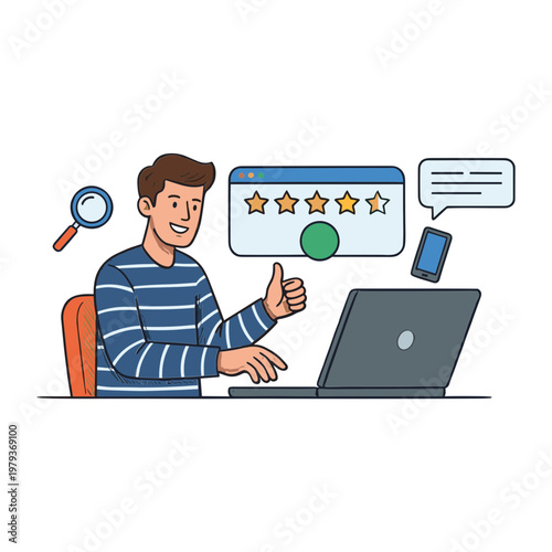 A man reviews on laptop with thumbs up and rating stars