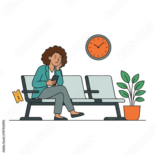 Woman sits on a bench waiting at a station with a clock and plant nearby