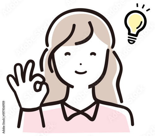 ひらめき・OKサインをするママのパステル線画イラスト