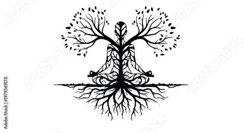 Meditating figure with branches and roots symbolizing growth and connection to nature