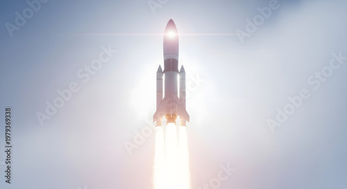 Soaring Ambition: A powerful rocket ascends into the sky, its fiery engines leaving a trail of smoke as it embarks on a journey toward the stars. 
