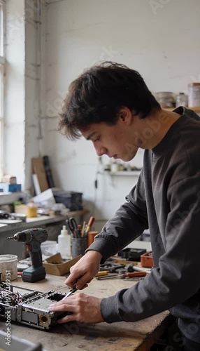 Man working on electronic device inside workshop