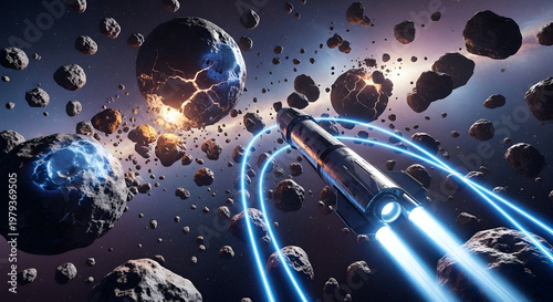Cosmic Voyager's Journey: A sleek spaceship embarks on an interstellar voyage, soaring through a celestial tapestry of asteroids and cosmic wonders.