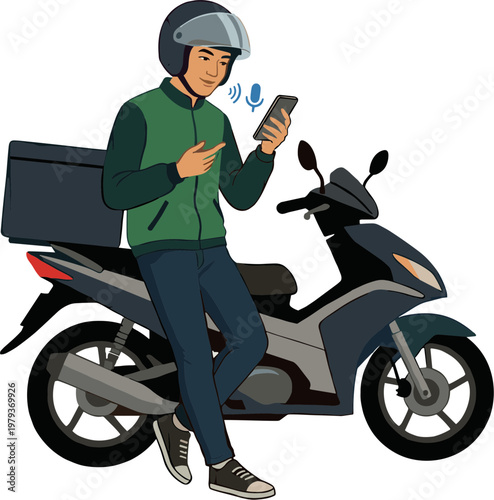 Delivery man on scooter checks phone with speech bubbles nearby