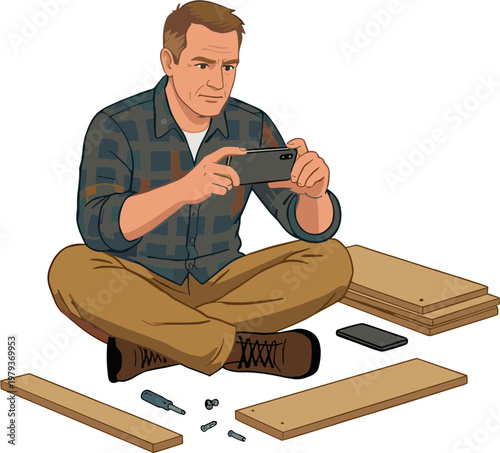 Man assembling furniture with power drill on floor at home