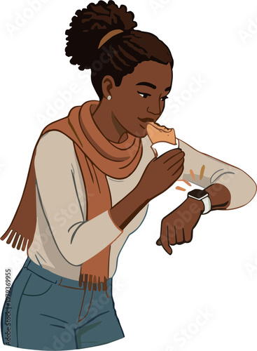 Woman checks her watch while eating a slice of pizza indoors.