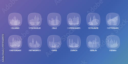 Western Europe cities icons with glass, liquid effect. Set of cityscapes for interface design. Vector Berlin, Helsinki, Zurich, Vienna, Reykjavik, Oslo, Amsterdam skylines