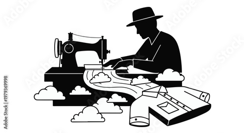 Skilled tailor crafting a crisp shirt with precision and care amidst whimsical clouds.