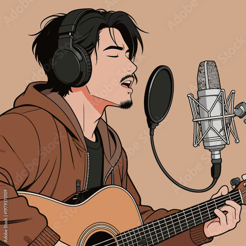 Man Playing Guitar and Singing into Microphone