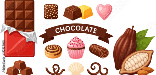 Gourmet chocolate candy collection, assorted cocoa pralines and truffles vector set, dark chocolate bar with cocoa beans and pink cupcake