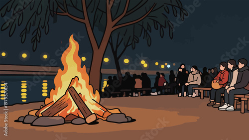 Nighttime Campfire with People Gathering by River