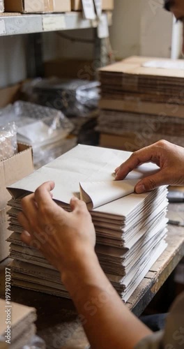 Person assembling cardboard packages in production facility