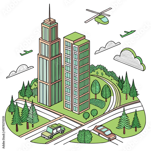Isometric cityscape with buildings trees cars airplanes isometric landscape
