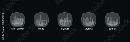 Western Europe cities icons with glass, liquid effect. Set of cityscapes for interface design. Vector Berlin, Paris, Zurich, Vienna, Amsterdam skylines