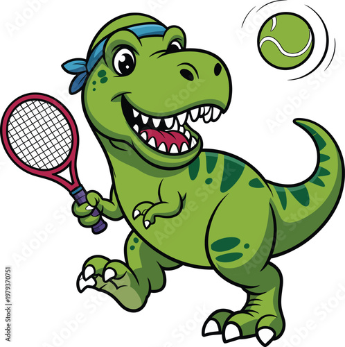 Cute cartoon trex dinosaur playing tennis with a racket and ball