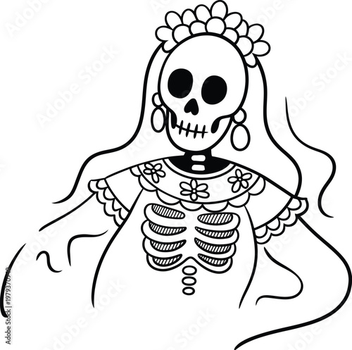 Day of the dead la catrina skeleton woman with floral crown and traditional dress, black and white vector illustration