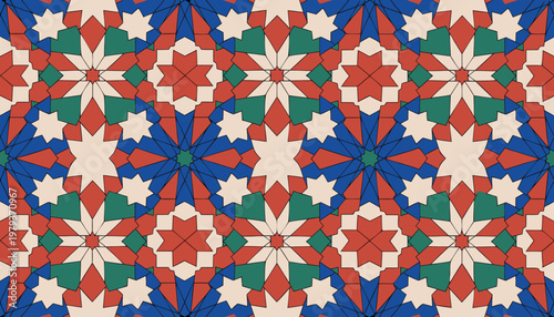 A colorful geometric pattern featuring stars and shapes in red, blue, green, and white hues